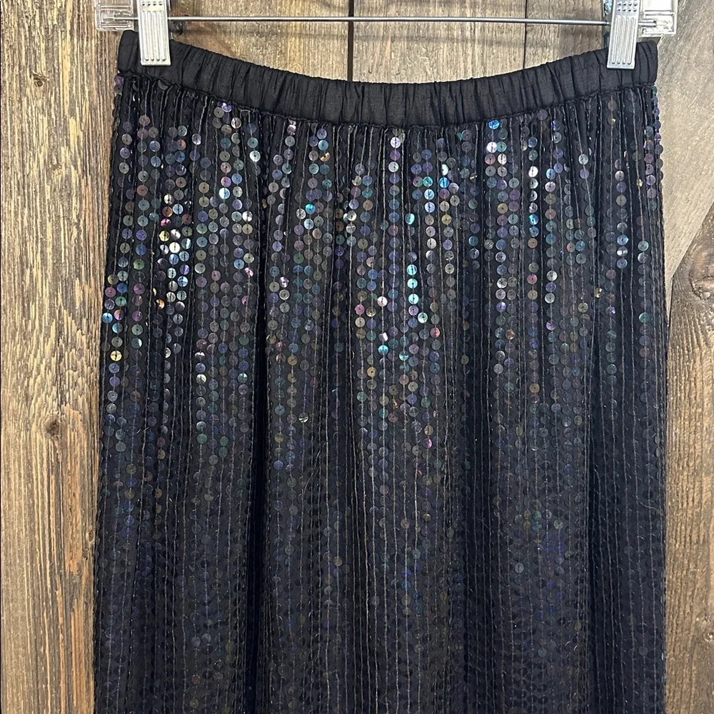 Vintage Black 100% Silk Iridescent Sequin Midi Skirt Holiday Evening Party